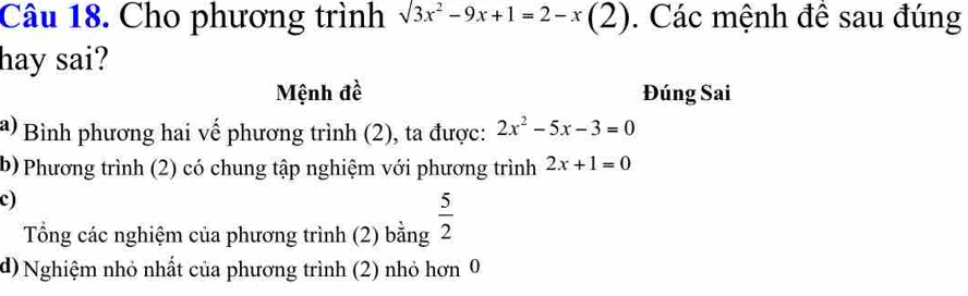 Cho phương trình surd 3x^2-9x+1=2-x(2). Các mệnh để sau đúng 
hay sai? 
Mệnh đề Đúng Sai 
Bình phương hai vế phương trình (2), ta được: 2x^2-5x-3=0
b) Phương trình (2) có chung tập nghiệm với phương trình 2x+1=0
c) 
Tổng các nghiệm của phương trình (2) bằng  5/2 
d) Nghiệm nhỏ nhất của phương trình (2) nhỏ hơn 0