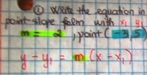 ① WRite the equation in 
point- slope torm with x_1
m=2 ,point (-3,5)
y-y_1=m(x-x_1)