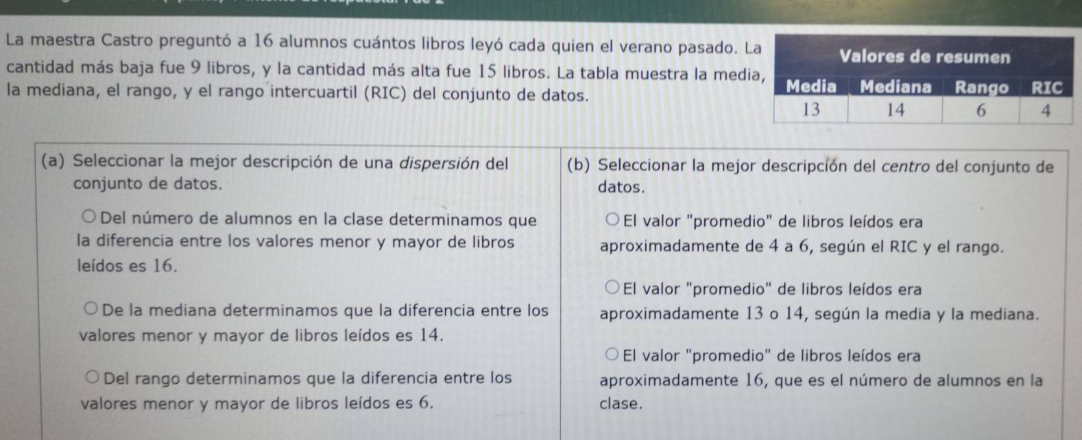 La maestra Castro preguntó a 16 alumnos cuántos libros leyó cada quien el verano pasado. 
cantidad más baja fue 9 libros, y la cantidad más alta fue 15 libros. La tabla muestra la med
la mediana, el rango, y el rango intercuartil (RIC) del conjunto de datos.
(a) Seleccionar la mejor descripción de una dispersión del (b) Seleccionar la mejor descripción del centro del conjunto de
conjunto de datos. datos.
○Del número de alumnos en la clase determinamos que El valor "promedio" de libros leídos era
la diferencia entre los valores menor y mayor de libros aproximadamente de 4 a 6, según el RIC y el rango.
leídos es 16.
El valor "promedio" de libros leídos era
De la mediana determinamos que la diferencia entre los aproximadamente 13 o 14, según la media y la mediana.
valores menor y mayor de libros leídos es 14.
El valor "promedio" de libros leídos era
Del rango determinamos que la diferencia entre los aproximadamente 16, que es el número de alumnos en la
valores menor y mayor de libros leídos es 6. clase.