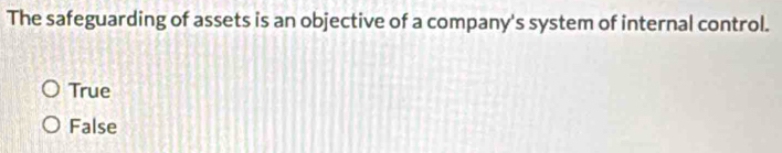 The safeguarding of assets is an objective of a company's system of internal control.
True
False