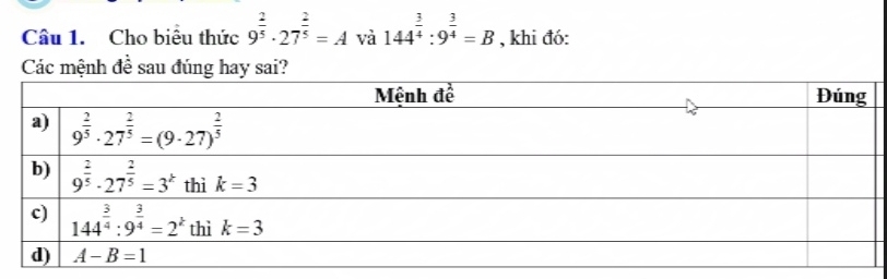 Cho biêu thức 9^(frac 2)5· 27^(frac 2)5=A và 144^(frac 3)4:9^(frac 3)4=B , khi đó:
Các mệnh đề sau đúng hay sai?