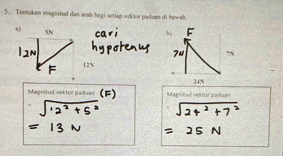 Tentukan magnitud dan arah bagi setiap vektor paduan di bawah. 
b)
7N
12N
24N
Magnitud vektor paduan Magnitud vektor paduan