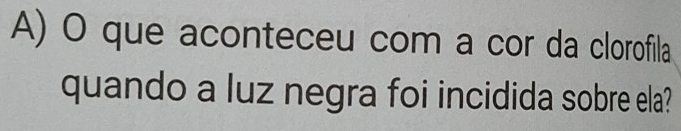 que aconteceu com a cor da clorofila 
quando a luz negra foi incidida sobre ela?