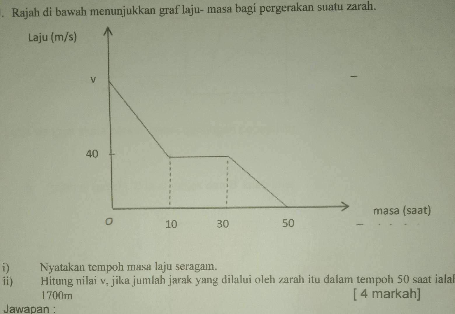 Rajah di bawah menunjukkan graf laju- masa bagi pergerakan suatu zarah. 
Laju (m
i Nyatakan tempoh masa laju seragam. 
ii) Hitung nilai v, jika jumlah jarak yang dilalui oleh zarah itu dalam tempoh 50 saat ialal
1700m [ 4 markah] 
Jawapan :