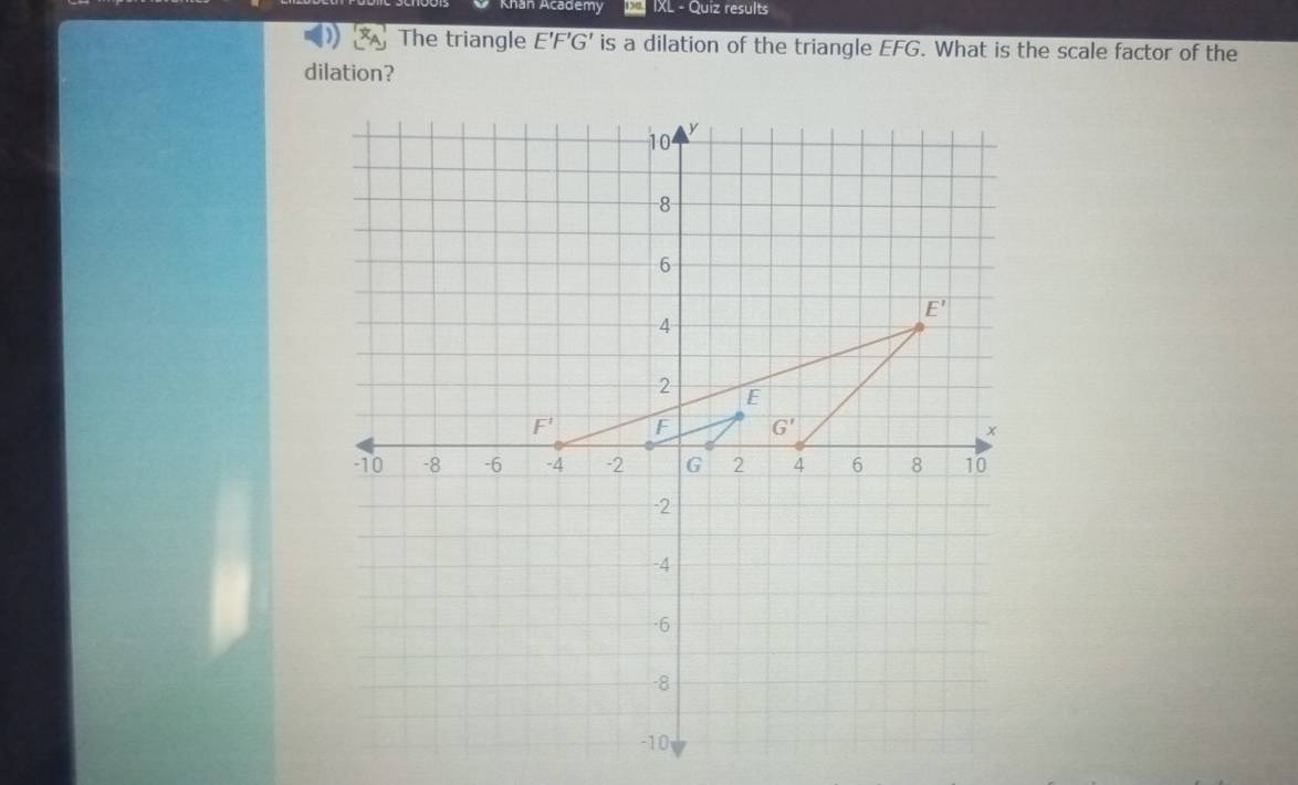 Khan Academy s IXL - Quiz results
The triangle E'F'G' is a dilation of the triangle EFG. What is the scale factor of the
dilation?