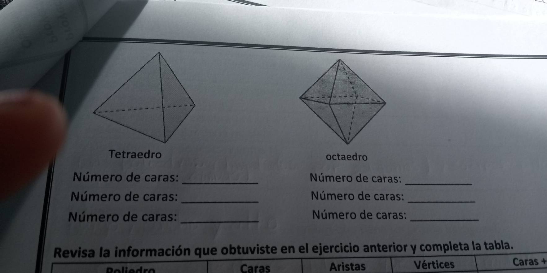 Tetraedro octaedro 
Número de caras: _ Número de caras:_ 
Número de caras: _ Número de caras:_ 
Número de caras: _ Número de caras:_ 
Revisa la información que obtuviste en el ejercicio anterior y completa la tabla. 
Caras Aristas Vértices 
Caras +