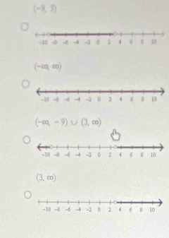 (-9,3)
(-∈fty ,∈fty )
(-∈fty ,-9)∪ (3,∈fty )
(3,∈fty )