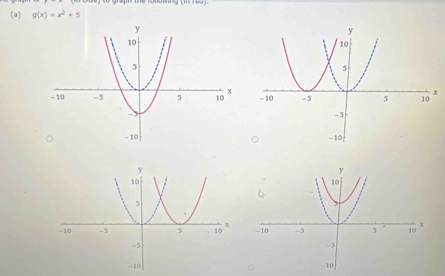 blde) to graph the rollowing (in red). 
(a) g(x)=x^2+5