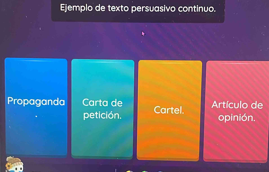 Ejemplo de texto persuasivo continuo. 
Propaganda Carta de Artículo de 
Cartel. 
petición. opinión.