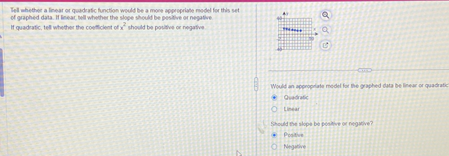 Tell whether a linear or quadratic function would be a more appropriate model for this set 
of graphed data. If linear, tell whether the slope should be positive or negative
If quadratic, tell whether the coefficient of x^2 should be positive or negative
Would an appropriate model for the graphed data be linear or quadratic
Quadratic
Linear
Should the slope be positive or negative?
Positive
Negative