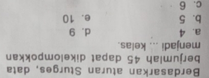 Berdasarkan aturan Sturges, data
berjumlah 45 dapat dikelompokkan
menjadi ... kelas.
a. 4 d⩾ 9
b. 5 e. 10
c. 6