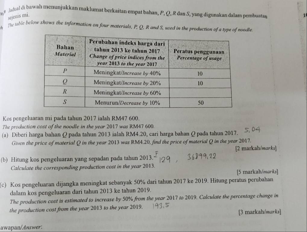 Jadual di bawah menunjukkan maklumat berkaitan empat bahan, P, Q, R dan S, yang digunakan dalam pembuatan 
sejenis mi. 1 
h The table below shows the information on four materials, P, Q, R and S, used in the production of a type of noodle. 
Kos pengeluaran mi pada tahun 2017 ialah RM47 600. 
The production cost of the noodle in the year 2017 was RM47 600. 
(a) Diberi harga bahan Q pada tahun 2013 ialah RM4.20, cari harga bahan Q pada tahun 2017. 
Given the price of material Q in the year 2013 was RM4.20, find the price of material Q in the year 2017. 
[2 markah/marks] 
(b) Hitung kos pengeluaran yang sepadan pada tahun 2013. 
Calculate the corresponding production cost in the year 2013. 
[5 markah/marks] 
(c) Kos pengeluaran dijangka meningkat sebanyak 50% dari tahun 2017 ke 2019. Hitung peratus perubahan 
dalam kos pengeluaran dari tahun 2013 ke tahun 2019. 
The production cost is estimated to increase by 50% from the year 2017 to 2019. Calculate the percentage change in 
the production cost from the year 2013 to the year 2019. 
[3 markah/marks] 
awapan/Answer: