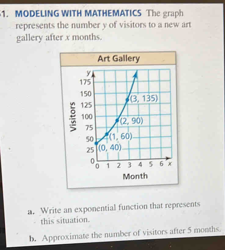 MODELING WITH MATHEMATICS  The graph
represents the number y of visitors to a new art
gallery after x months.
Art Gallery
Month
a.  Write an exponential function that represents
this situation.
b.  Approximate the number of visitors after 5 months.