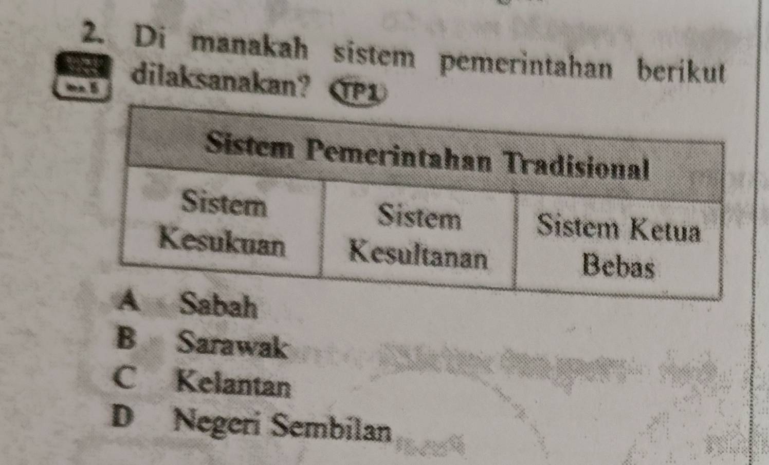 Di manakah sistem pemerintahan berikut
dilaksanakan? P1
B Sarawak
C Kelantan
D Negeri Sembilan