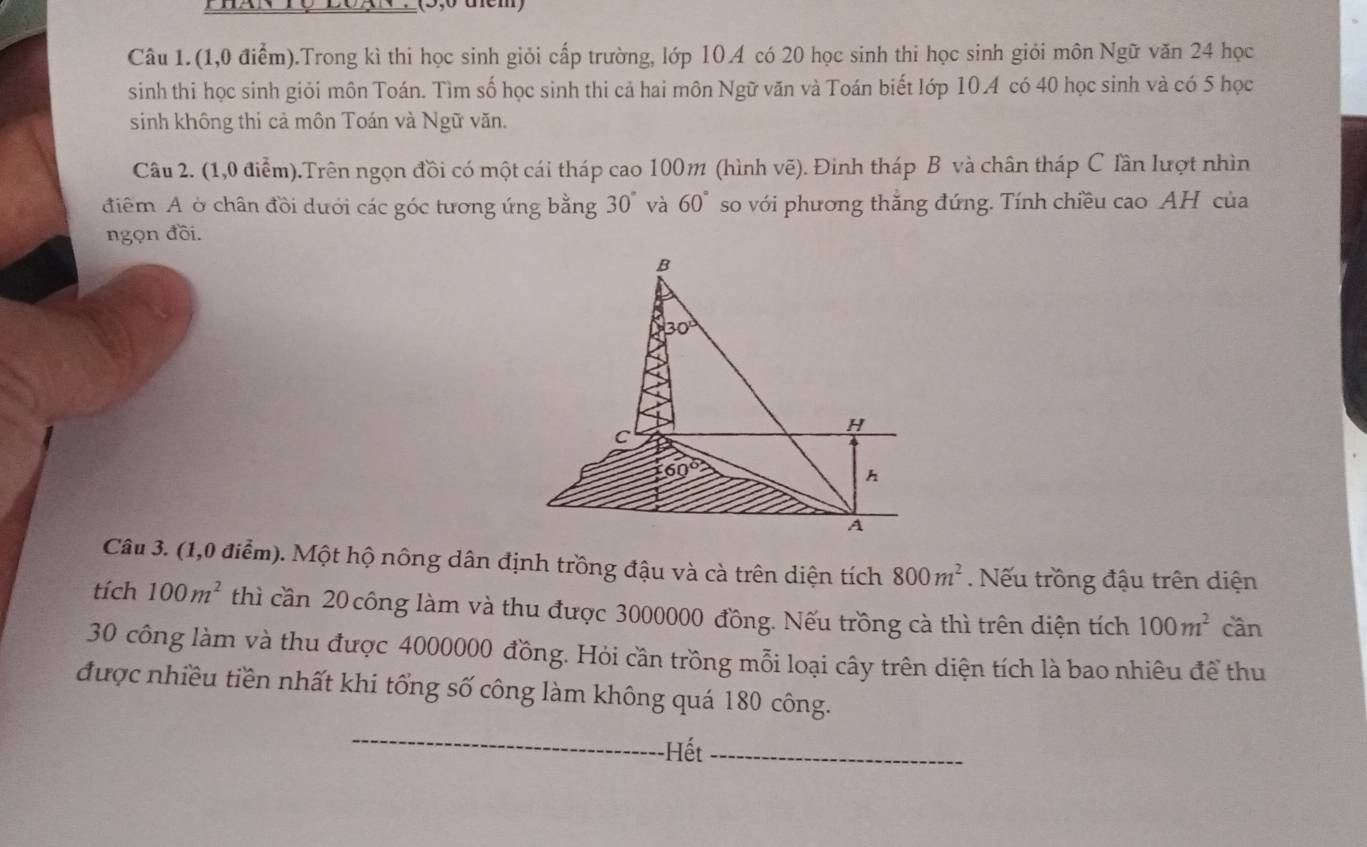 (1,0 điểm).Trong kì thi học sinh giỏi cấp trường, lớp 10.A có 20 học sinh thi học sinh giỏi môn Ngữ văn 24 học
sinh thi học sinh giỏi môn Toán. Tìm số học sinh thi cả hai môn Ngữ văn và Toán biết Iớp 10A có 40 học sinh và có 5 học
sinh không thi cả môn Toán và Ngữ văn.
Câu 2. (1,0 điễm).Trên ngọn đồi có một cái tháp cao 100m (hình vẽ). Đinh tháp B và chân tháp C lần lượt nhìn
điểm A ở chân đồi dưới các góc tương ứng bằng 30° và 60° so với phương thắng đứng. Tính chiều cao AH của
ngọn đồi.
Câu 3. (1,0 điểm). Một hộ nông dân định trồng đậu và cà trên diện tích 800m^2 Nếu trồng đậu trên diện
tích 100m^2 thì cần 20 công làm và thu được 3000000 đồng. Nếu trồng cà thì trên diện tích 100m^2 cần
30 công làm và thu được 4000000 đồng. Hỏi cần trồng mỗi loại cây trên diện tích là bao nhiêu đề thu
được nhiều tiền nhất khi tổng số công làm không quá 180 công.
_
Hết_