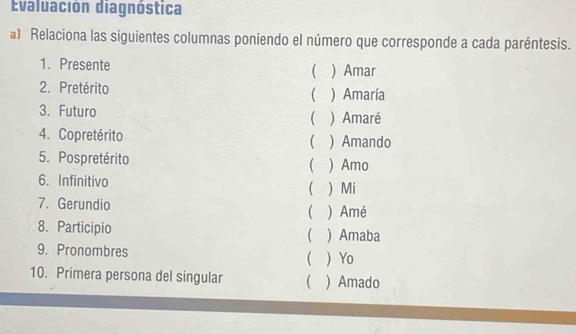 Evaluación diagnóstica
a) Relaciona las siguientes columnas poniendo el número que corresponde a cada paréntesis.
1. Presente  Amar

2. Pretérito
 ) Amaría
3. Futuro
 ) Amaré
4. Copretérito ) Amando

5. Pospretérito ) Amo

6. Infinitivo
 ) Mi
7. Gerundio  ) Amé
8. Participio ) Amaba

9. Pronombres   Yo
10. Primera persona del singular  ) Amado