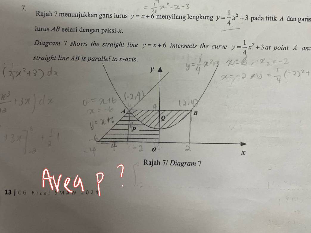 Rajah 7 menunjukkan garis lurus y=x+6 menyilang lengkung y= 1/4 x^2+3 pada titik A dan garis 
lurus AB selari dengan paksi- x. 
Diagram 7 shows the straight line y=x+6 intersects the curve y= 1/4 x^2+3 at point A and 
straight line AB is parallel to x-axis. 
Rajah 7/ Diagram 7 
13 | C G R iz al 
2 4