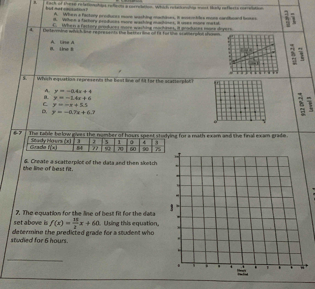 Each of these relationships reflects a correlation. Which relationship most likely reflects correlation
but not causation? 1
A. When a factory produces more washing machines, it assembles more cardboard boxes. B
8. When a factory produces more washing machines, it uses more metal.
C. When a factory produces more washing machines, it produces more dryers.
4. Determine which line represents the better line of fit for the scatterplot shown.
A. Line A
B. Line B
cos A
Uns 3
1
。 1 2 3 4 G 1 , ,
5. Which equation represents the best line of fit for the scatterplot? y
A. y=-0.4x+4
B. y=-1.4x+6 8
C. y=-x+5.5
D. y=-0.7x+6.7
。
×
6-7 The table below gives the number of hours spent studying for a math exam and the final exam grade.
6. Create a scatterplot of the data and then sketch
the line of best fit.
7. The equation for the line of best fit for the data 
set above is f(x)= 15/2 x+60. Using this equation, 
determine the predicted grade for a student who
studied for 6 hours.
_