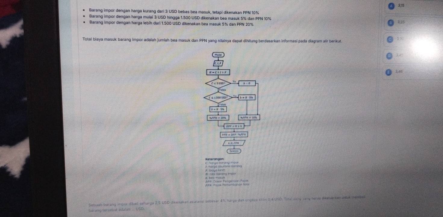 3,15
Barang impor dengan harga kurang dari 3 USD bebas bea masuk, tetapi dikenakan PPN 10%
Barang impor dengan harga mulai 3 USD hingga 1.500 USD dikenakan bea masuk 5% dan PPN 10%
Barang impor dengan harga lebih dari 1.500 USD dikenakan bea masuk 5% dan PPN 20% 3,25
35
Total biaya masuk barang impor adalah jumlah bea masuk dan PPN yang nilainya dapat dihitung berdasarkan informasi pada diagram alir berikut.
34°
34
PPN=20°
h=m+h
Keterangan
C. tergo barung mpur
A hangs aturass parang 
A: nils coming impor
& bea masak
A PP Crsar Pengendar Pía=
PPN, Majak Fertarbanan his
Sebuah barang impor dibeli seharga 2,5 USD dikenakan asuransi sebesar 4%, harga dan ongkus kirim 0.4 USD. Totai Jang rạng harus dikeluarkan untul membell
barang tersebut adalah ... USD.