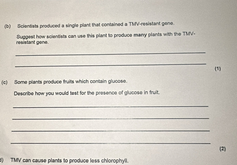 Scientists produced a single plant that contained a TMV-resistant gene. 
Suggest how scientists can use this plant to produce many plants with the TMV- 
resistant gene. 
_ 
_ 
(1) 
(c) Some plants produce fruits which contain glucose. 
Describe how you would test for the presence of glucose in fruit. 
_ 
_ 
_ 
_ 
(2) 
d) TMV can cause plants to produce less chlorophyll.