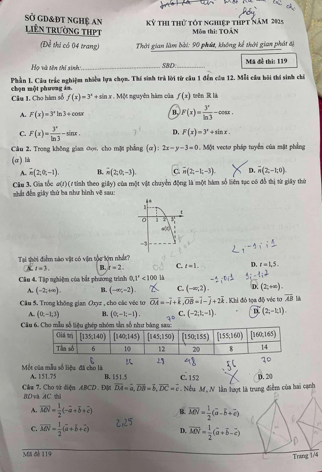 Sở gd&đt ngHệ An Kỳ thi thử tót nghiệp thpt năm 2025
LIÊN TRƯỜNG THPT
Môn thi: TOÁN
(Đề thi có 04 trang)  Thời gian làm bài: 90 phút, không kể thời gian phát đề
Họ và tên thí sinh:_
SBD. _Mã đề thi: 119
Phần I. Câu trắc nghiệm nhiều lựa chọn. Thí sinh trả lời từ câu 1 đến câu 12. Mỗi câu hỏi thí sinh chỉ
chọn một phương án.
Câu 1. Cho hàm số f(x)=3^x+sin x. Một nguyên hàm của f(x) trên R là
A. F(x)=3^xln 3+cos x
B. F(x)= 3^x/ln 3 -cos x.
C. F(x)= 3^x/ln 3 -sin x.
D. F(x)=3^x+sin x.
Câu 2. Trong không gian ớ, cho mặt phẳng (α): 2x-y-3=0. Một vectơ pháp tuyến của mặt phẳng
(α) là
A. overline n(2;0;-1). B. vector n(2;0;-3). C. overline n(2;-1;-3). D. overline n(2;-1;0).
Câu 3. Gia tốc a(t) 0 (7 tính theo giây) của một vật chuyển động là một hàm số liên tục có đồ thị từ giây thứ
nhất đến giây thứ ba như hình vẽ sau:
4a
1
0 1 2 3
a(t)
-3
Tại thời điểm nào vật có vận tốc lớn nhất?
A. t=3. B. t=2. C. t=1. D. t=1,5.
Câu 4. Tập nghiệm của bất phương trình 0,1^x<100</tex> là
A. (-2;+∈fty ). B. (-∈fty ;-2). C. (-∈fty ;2). D. (2;+∈fty ).
Câu 5. Trong không gian Oxyz , cho các véc tơ vector OA=-vector i+vector k,vector OB=vector i-vector j+2vector k. Khi đó tọa độ véc tơ overline ABla
A. (0;-1;3) B. (0;-1;-1). C. (-2;1;-1). D. (2;-1;1).
Câu 6. Cho mẫu số liệu ghép nhóm tần số như bảng sau:
Mốt của mẫu số liệu đã cho là
A. 151.75 B. 151.5 C. 152 D. 20
Câu 7. Cho tứ diện ABCD. Đặt overline DA=vector a,overline DB=vector b,overline DC=vector c. Nếu M, N lần lượt là trung điểm của hai cạnh
BDvà AC thì
A. overline MN= 1/2 (-overline a+overline b+overline c) vector MN= 1/2 (vector a-vector b+vector c)
B.
C. overline MN= 1/2 (overline a+overline b+overline c) D. overline MN= 1/2 (vector a+vector b-vector c)
Mã đề 119
Trang 1/4