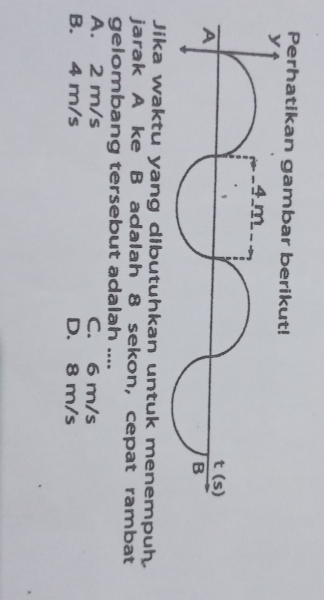 Perhatikan gambar berikut!
y
4 m
A
t (s)
B
Jika waktu yang dibutuhkan untuk menempuh.
jarak A ke B adalah 8 sekon, cepat rambat
gelombang tersebut adalah ....
A. 2 m/s C. 6 m/s
B. 4 m/s D. 8 m/s