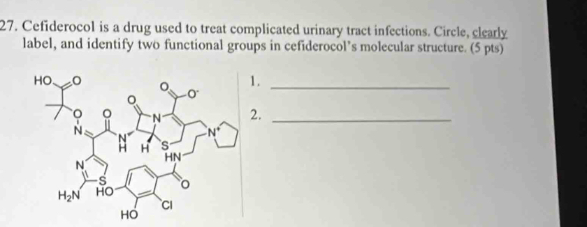 Cefiderocol is a drug used to treat complicated urinary tract infections. Circle, clearly
label, and identify two functional groups in cefiderocol’s molecular structure. (5 pts)
1._
2._