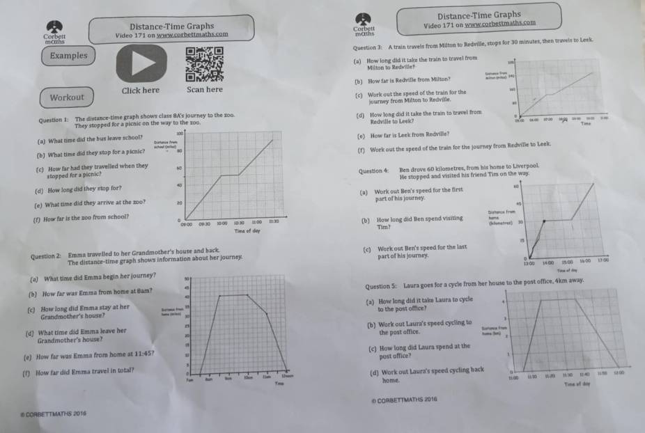 Distance-Time Graphs
Distance-Time Graphs
m-cuhs Corbett Video 171 on www.corbettmaths.com Video 171 on www.corbettmaths.com
Examples Question 3: A train travels from Milton to Redville, stops for 30 minutes, then travels to Leek.
(a) How long did it take the train to travel from
Milton to Redville?
(b) How far is Redville from Milton?
Workout Click here Scan here
(c) Work out the speed of the train for the
journey from Milton to Redville.
Question 1: The distance-time graph shows class BA's journey to the zoo. (d) How long did it take the train to travel fr
They stopped for a picnic oay to the zoo Redville to Leek?
(a) What time did the bus leave school?(e) How far is Leek from Redville?
(b) What time did they stop for a picnic?
(c) How far had they travelled when the(f) Work out the speed of the train for the journey from Redville to Leek.
stopped for a picnic?Question 4: Ben drove 60 kilometres, from his home to Liverpool.
(d) How long did they stop for?He stopped and visited his friend Tim on the way.
(e) What time did they arrive at the zoo?(a) Work out Ben's speed for the first
part of his journey.
(f) How far is the zoo from school? 
(b) How long did Ben spend visiting
Tim?
Question 2: Emma travelled to her Grandmother's house and back. (c) Work out Ben's speed for the last
The distance-time graph shows information about her journey. part of his journey.
(a) What time did Emma begin her journey 
(b) Now far was Emma from home at Bam?Question 5: Laura goes for a cycle fro away.
(c) How long did Emma stay at her (a) How long did it take Laura to cycl
Grandmother's house?to the post office?
(d) What time did Emma leave her(b) Work out Laura's speed cycling to
Grandmother's house? the post office.
(e) How far was Emma from home at 11:45 (c) How long did Laura spend at the
(1) How far did Emma travel in total?post office?
(d) Work out Laura's speed cycling 
home. 
6 CORBETTMATHS 2016 © CORBETTMATHS 2016