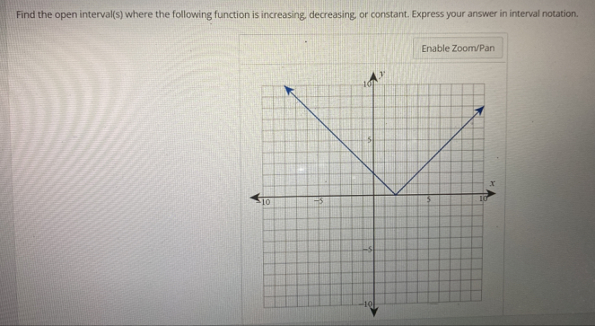 Find the open interval(s) where the following function is increasing, decreasing, or constant. Express your answer in interval notation. 
Enable Zoom/Pan