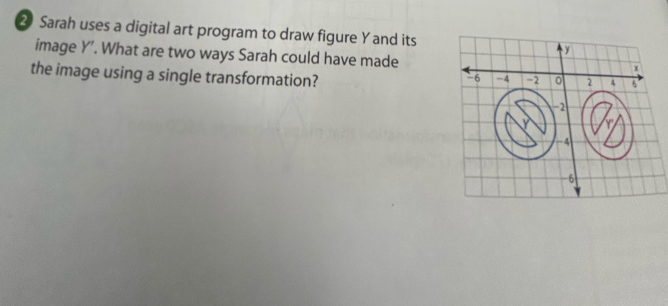 Sarah uses a digital art program to draw figure Yand its 
image Y'. What are two ways Sarah could have made 
the image using a single transformation?