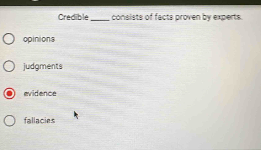 Credible_ consists of facts proven by experts.
opinions
judgments
evidence
fallacies