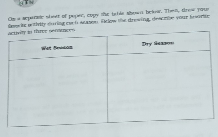 gie 
On a separate sheet of paper, copy the table shown below. Then, draw your 
favorite activity during each season. Below the drawing, describe your favorite