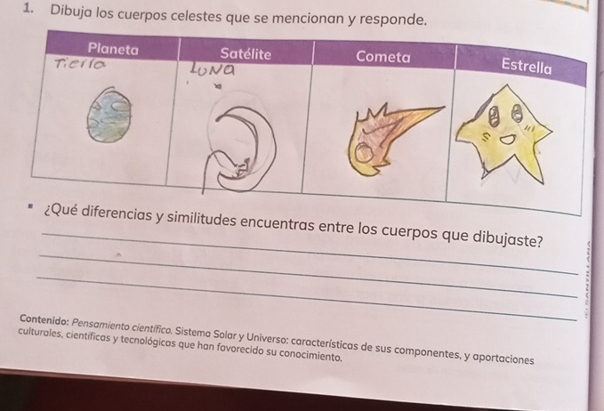 Dibuja los cuerpos celestes que se mencionan y responde. 
_ 
_ 
ilitudes encuentras entre los cuerpos que dibujaste? 
_ 
Contenido: Pensamiento científico. Sistema Solar y Universo: características de sus componentes, y aportaciones 
culturales, científicas y tecnológicas que han favorecido su conocimiento.