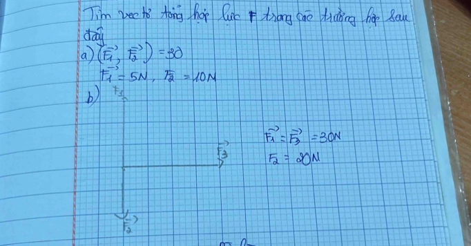 Tim yee to tong hop luc Zōng (āo liaǒng háp Bau 
day 
a (vector E_1,vector F_2)=30
Fvector 1=5N, F_2=10N
b)
vector F_1=vector F_3=30N
vector F_3 F_2=20N
F_2