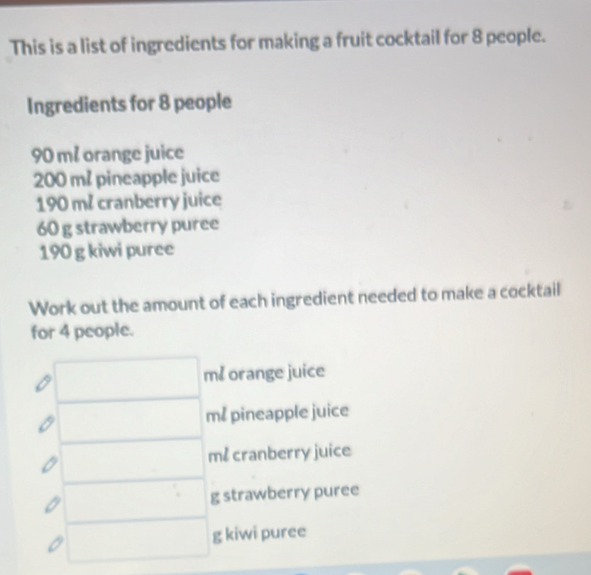 This is a list of ingredients for making a fruit cocktail for 8 people. 
Ingredients for 8 people
90 m² orange juice
200 m / pineapple juice
190 m² cranberry juice
60 g strawberry puree
190 g kiwi puree 
Work out the amount of each ingredient needed to make a cocktail 
for 4 people.
ml orange juice 
m₹ pineapple juice 
ml cranberry juice 
g strawberry puree 
g kiwi puree