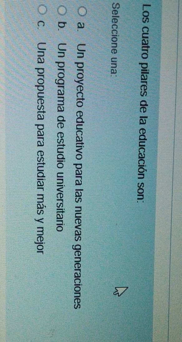 Los cuatro pilares de la educación son:
Seleccione una:
a. Un proyecto educativo para las nuevas generaciones
b. Un programa de estudio universitario
c. Una propuesta para estudiar más y mejor