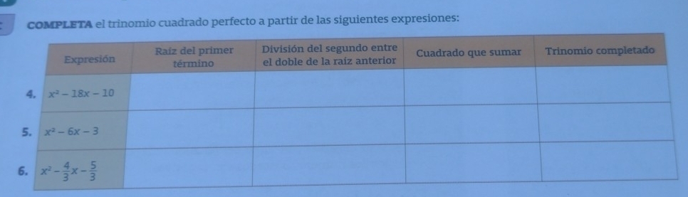 COMPLETA el trinomio cuadrado perfecto a partir de las siguientes expresiones: