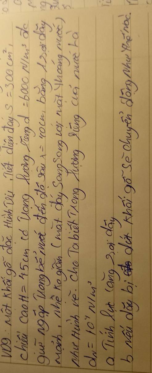 vog Mot Khá gā doc tàn [ù, T diān day S=300cm^2, Oo 
chiéi CaoH=45cm cd Uong Quang Plong d =6000N/m^3 do 
O 
guǐ ngáp Tongbénuàt dén do sāu lambda =40cm bāng neday ng 
Marh, whe xo gian (mat day Song Song Lèi màt hoāng mucc) Xu 
Wha Hinh ve. cho Tabier TLong Zuǒng Xēng cuá nuc là 
5
d_N=10^4N/m^3
a linh Rut lang 3or day 
L 
b Néǔ dōg bì dù khāi gō sèchugén dōng hu nǒnoc.