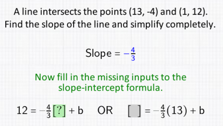 A line intersects the points (13,-4) and (1,12). 
Find the slope of the line and simplify completely. 
Slope =- 4/3 
Now fill in the missing inputs to the 
slope-intercept formula.
12=- 4/3 [?]+b OR []=- 4/3 (13)+b