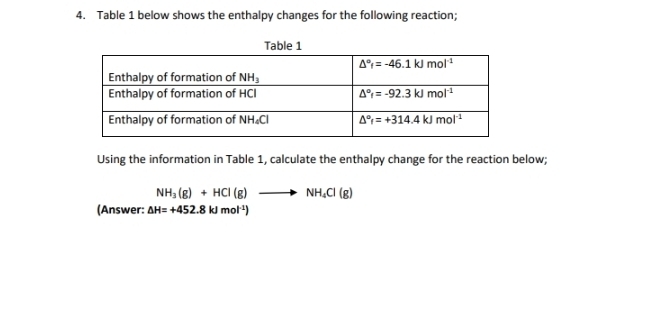 Table 1 below shows the enthalpy changes for the following reaction;
Table 1
Using the information in Table 1, calculate the enthalpy change for the reaction below;
NH_3(g)+HCl(g)to NH_4Cl(g)
(Answer: △ H=+452.8kJmol^(-1))