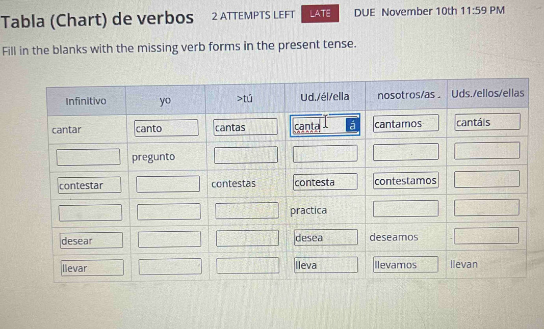 Solved: Tabla (Chart) de verbos 2 ATTEMPTS LEFT LATE DUE November 10th ...