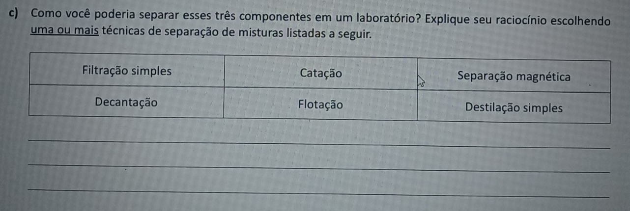 Como você poderia separar esses três componentes em um laboratório? Explique seu raciocínio escolhendo 
uma ou mais técnicas de separação de misturas listadas a seguir. 
_ 
_ 
_