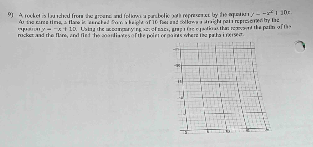 A rocket is launched from the ground and follows a parabolic path represented by the equation y=-x^2+10x. 
At the same time, a flare is launched from a height of 10 feet and follows a straight path represented by the
equation y=-x+10. Using the accompanying set of axes, graph the equations that represent the paths of the
rocket and the flare, and find the coordinates of the point or points where the paths intersect.