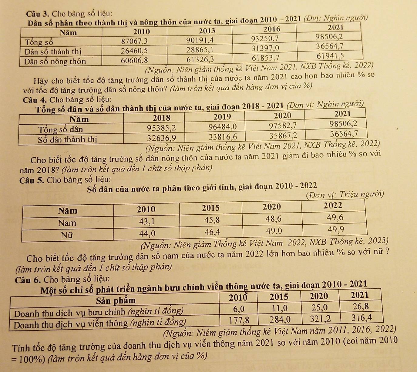Cho bảng số liệu: 
giai đoạn 2010 - 2021 (Đvị: Nghìn người) 
(Nguồn: Niên giám thống kê Việt 
Hãy cho biết tốc độ tăng trưởng dân số thành thị của nước ta năm 2021 cao hơn bao nhiêu % so 
với tốc độ tăng trưởng dân số nông thôn? (làm tròn kết quả đến hàng đơn vị của %) 
Câu 4. Cho bảng số liệu: 
2018 - 2021 (Đơn vị: Nghìn người) 
(Nguồn: Niên giám thống kê Việt Nam 2 
Cho biết tốc độ tăng trưởng số dân nông thôn của nước ta năm 2021 giảm đi bao nhiêu % so với 
năm 2018? (làm tròn kết quả đến 1 chữ số thập phản) 
Câu 5. Cho bảng số liệu: 
Số dân của nước ta phân theo giới tính, giai đoạn 2010 - 2022 
Triệu người) 
(Nguồn: Niên giám Thống kê Việt Nam 
Cho biết tốc độ tăng trưởng dân số nam của nước ta năm 2022 lớn hơn bao nhiêu % so với nữ ? 
(làm tròn kết quả đến 1 chữ số thập phân) 
Câu 6. Cho bảng số liệu: 
ính viễn thông nước ta, giai đoạn 2010 - 2021 
(Nguồn: Niêm giám thống 
Tính tốc độ tăng trường của doanh thu dịch vụ viễn thông năm 2021 so với năm 2010 (coi năm 2010
=100% ) (làm tròn kết quả đến hàng đơn vị của %)