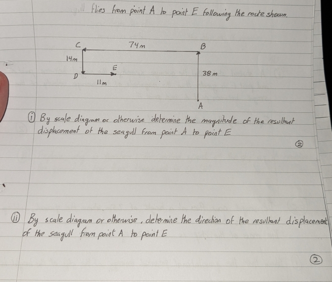 flies from point A to point E following the rure sheom. 
⑦ By scale diagram or otherwise determine the magnilude of the resolbour 
displacement of the seagull from point A to point E
③ 
⑩By scale diagram or oherwise, determine the direchion of the resullant displacement 
of the seagull from point A to point E
②