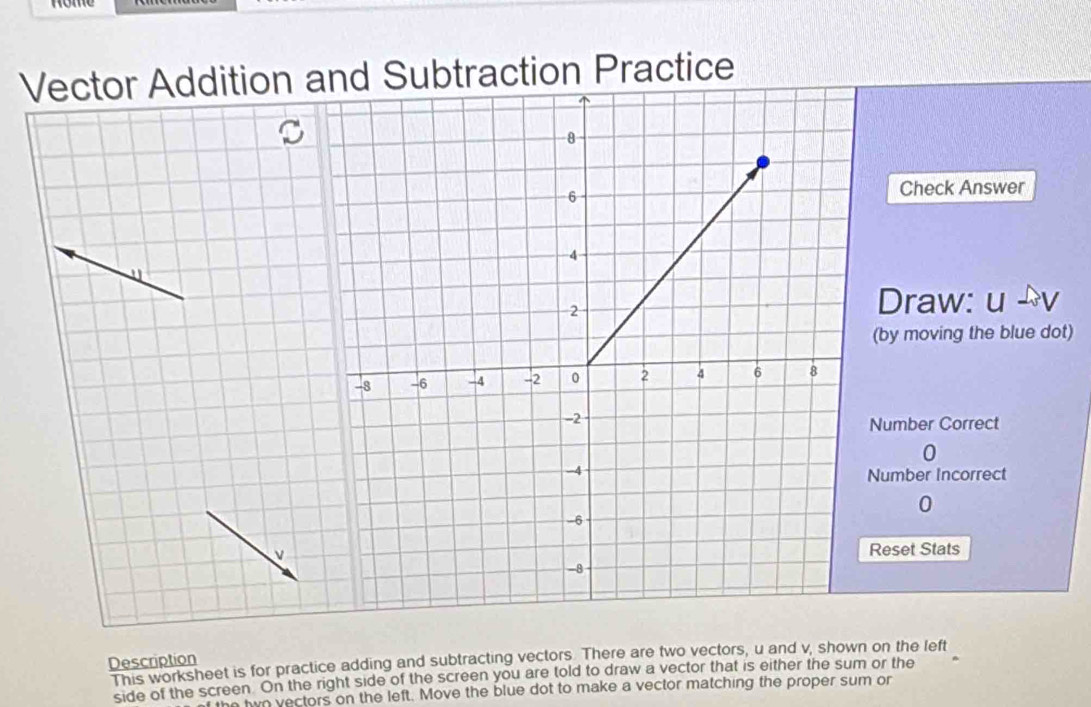 Vector Addition and Subtraction Practice 
Check Answer 
Draw: u
(by moving the blue dot) 
Number Correct
0
Number Incorrect
0
v Reset Stats 
Description This worksheet is for practice adding and subtracting vectors. There are two vectors, u and v, shown on the left 
side of the screen On the right side of the screen you are told to draw a vector that is either the sum or the
n to vectors on the left. Move the blue dot to make a vector matching the proper sum or