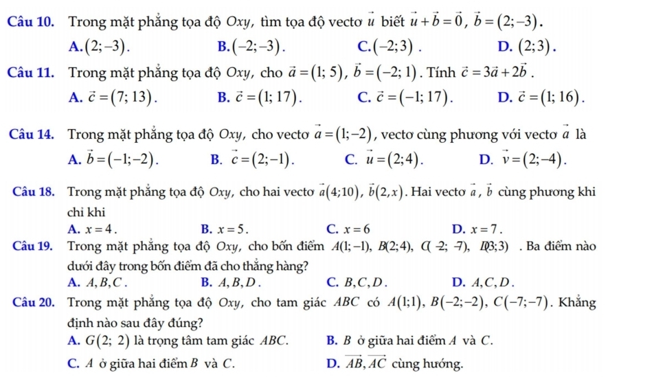 Trong mặt phẳng tọa độ Oxy, tìm tọa độ vectơ # biết vector u+vector b=vector 0,vector b=(2;-3).
A. (2;-3). B. (-2;-3). C. (-2;3). D. (2;3).
Câu 11. Trong mặt phẳng tọa độ Oxy, cho vector a=(1;5),vector b=(-2;1). Tính vector c=3vector a+2vector b.
A. vector c=(7;13). B. vector c=(1;17). C. vector c=(-1;17). D. vector c=(1;16).
Câu 14. Trong mặt phẳng tọa độ Oxy, cho vecto vector a=(1;-2) , vecto cùng phương với vecto vector a là
A. vector b=(-1;-2). B. vector c=(2;-1). C. vector u=(2;4). D. vector v=(2;-4).
Câu 18. Trong mặt phẳng tọa độ Oxy, cho hai vecto vector a(4;10),vector b(2,x). Hai vecto vector a,vector b cùng phương khi
chi khi
A. x=4. B. x=5. C. x=6 D. x=7.
Câu 19. Trong mặt phẳng tọa độ Oxy, cho bốn điểm A(1;-1),B(2;4),C(-2;-7),IQ3;3). Ba điểm nào
đưới đây trong bốn điểm đã cho thắng hàng?
A. A,B,C . B. A, B, D . C. B,C,D . D. A,C, D .
Câu 20. Trong mặt phẳng tọa độ Oxy, cho tam giác ABC có A(1;1),B(-2;-2),C(-7;-7). Khẳng
định nào sau đây đúng?
A. G(2;2) là trọng tâm tam giác ABC. B. B ở giữa hai điểm A và C.
C. A ở giữa hai điểm B và C. D. vector AB,vector AC cùng hướng.