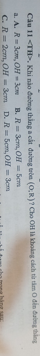 Câu 11. Khi nào đường thắng a-cắt đường tròn (O;R) ? Cho OH là khoảng cách từ tâm O đến đường thằng
a. A. R=3cm, OH=3cm B. R=3cm, OH=5cm
C. R=2cm, OH=3cm D. R=5cm, OH=3cm
cho trong hảng sau:
