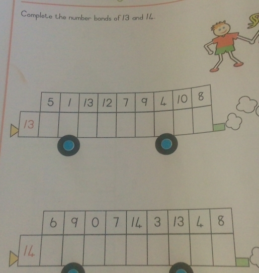 Complete the number bonds of 13 and 14.