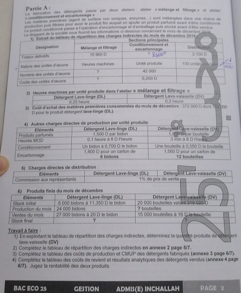 Partic A : 
fatrication des détergents passe par deux ateliers : atélier « métange et filtrage » et ateles 
« conditionnement et encartonnage » 
Les matères premières (agent de surface non ioniques, enzymes...) sont mélangées dans une chaine de 
production puis filtrées pour avoir le produit fini auquel on ajoute un produit parfuré avant d'être conditionne 
Le produit conditionné passe à l'opération d'encartonnage et d'emballage puis stocké avant d'être vendus 
Le dirigeant de la société vous fourit les informations ci-dessous concemant le mois de décembre 2019 
épartition des charges indirectes du mois de décembre 2019 
2) Heures machines par unité produite dans l'atelier « mélange et filtrage » Détergent Lave-vaisselle (DV) 
Détergent Lave-linge (DL) 0,25 heare 0.3 heure 
3) Coût d'achat des matières premières consommées du mois de décembre : 372 000 D dont 192 000
D pour le produit détergent lave-linge (DL). 
production par unité produite 
Travail à faire : 
1) En exploitant le tableau de répartition des charges indirectes, déterminez la quantité produite de détergent 
lave-vaisselle (DV) 
2) Complétez le tableau de répartition des charges indirectes en annexe 2 page 5/7. 
3) Complétez le tableau des coûts de production et CMUP des détergents fabriqués (annexe 3 page 6/7). 
4) Complétez le tableau des coûts de revient et résultats analytiques des détergents vendus (annexe 4 page 
6/7). Jugez la rentabilité des deux produits. 
BAC ECO 25 GESTION ADMIS(E) INCHALLAH PAGE 2